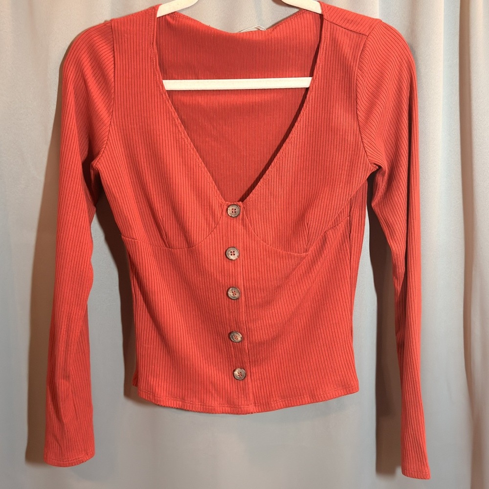 Reformation Virgil Long Sleeve Ribbed Button Down V-Neck Top Fall Women's Sz L